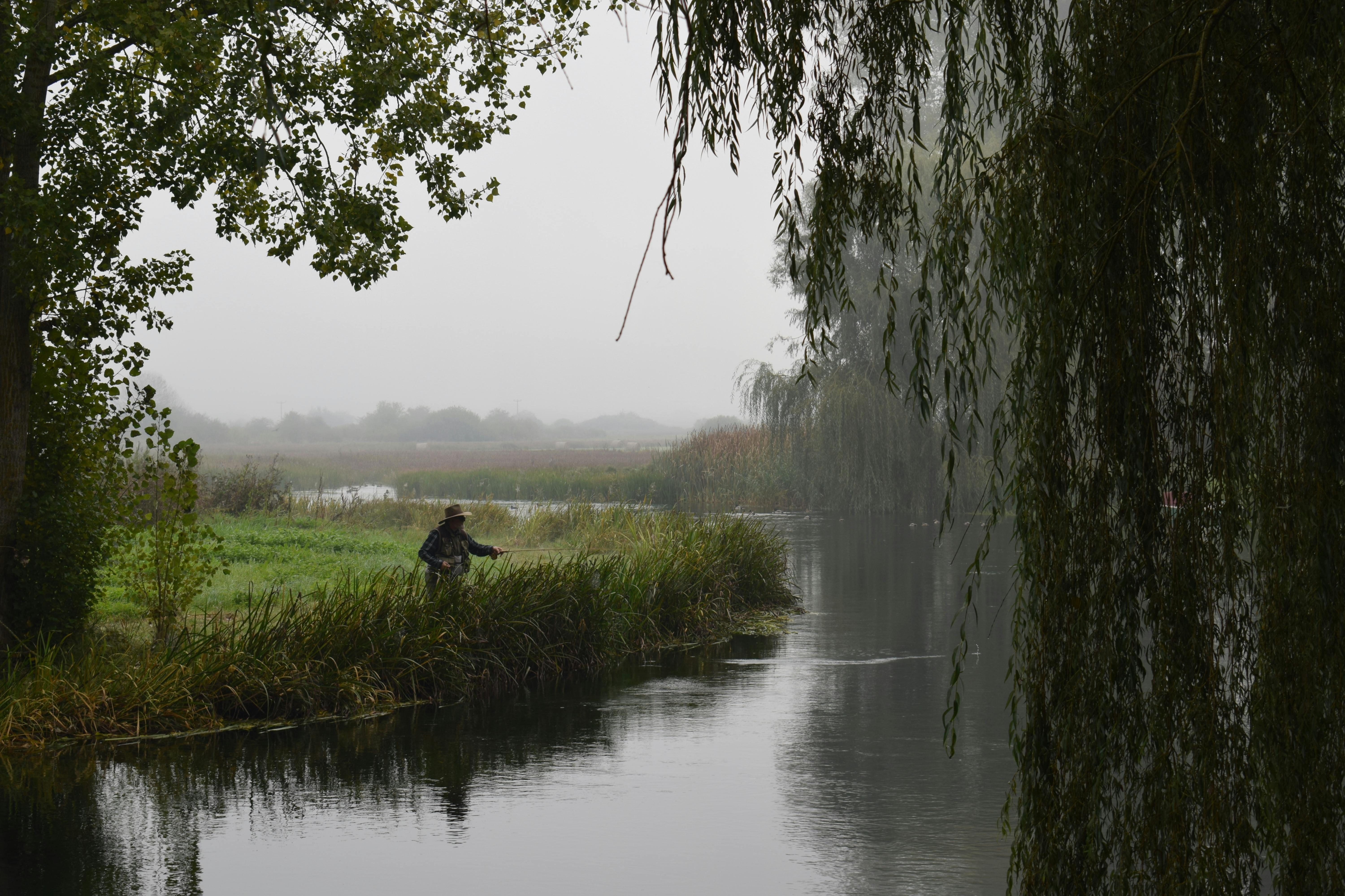 A serene fisherman by the misty Gacka River in autumn, Lika-Senj County.