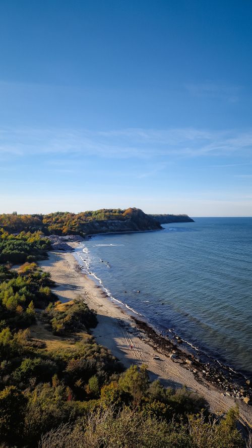 Free A beautiful coastal scene with lush greenery and a sweeping blue ocean on a clear day. Stock Photo