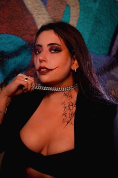 Stylish woman with Halloween makeup posing in front of a vibrant graffiti wall in Lima, Peru.