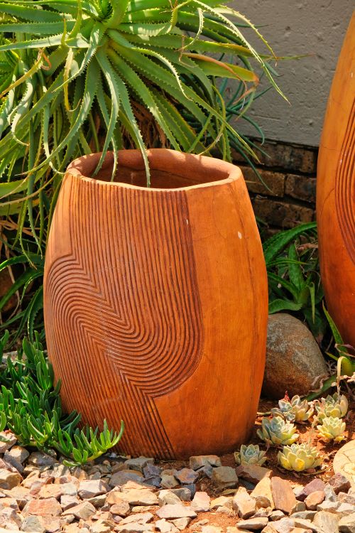 Free Close-up of a decorative clay pot surrounded by succulents in a garden setting. Stock Photo