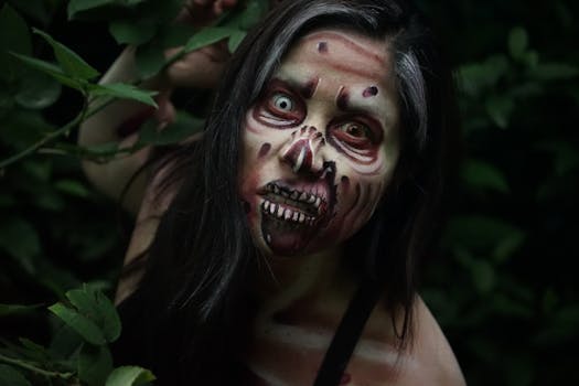 Scary zombie makeup on woman in dark forest setting, perfect for horror themes.