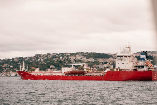 A vibrant red cargo ship travels through calm waters with a scenic coastal town in the background.