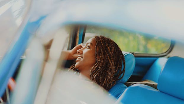 Smiling woman looks out window, enjoying a peaceful ride.