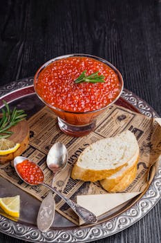 银盘上摆放着优雅的红色鱼子酱，搭配面包和柠檬，非常适合美食享用