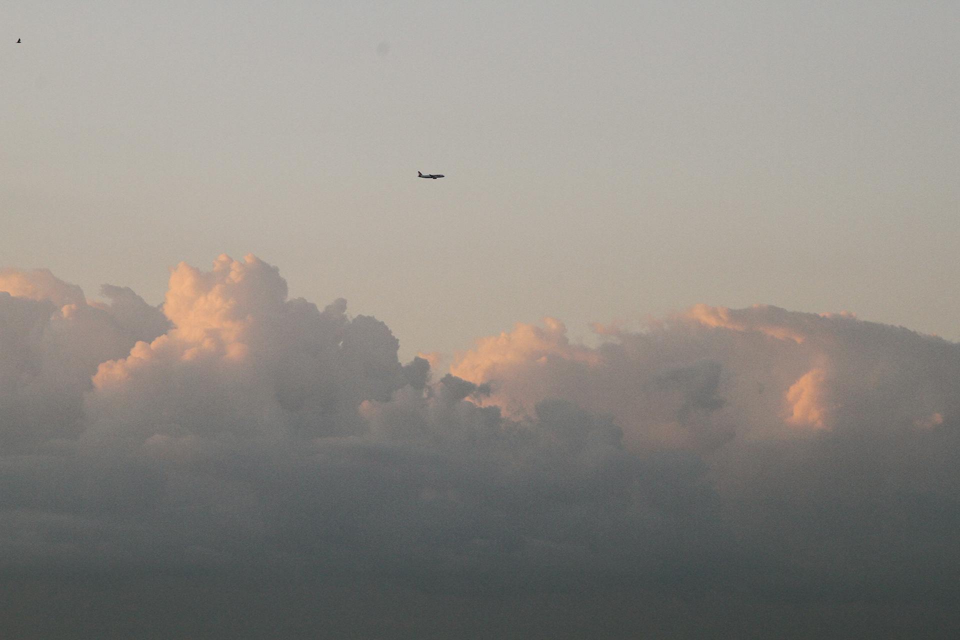 Airplane silhouette above soft pastel clouds, evoking calm travel vibes.