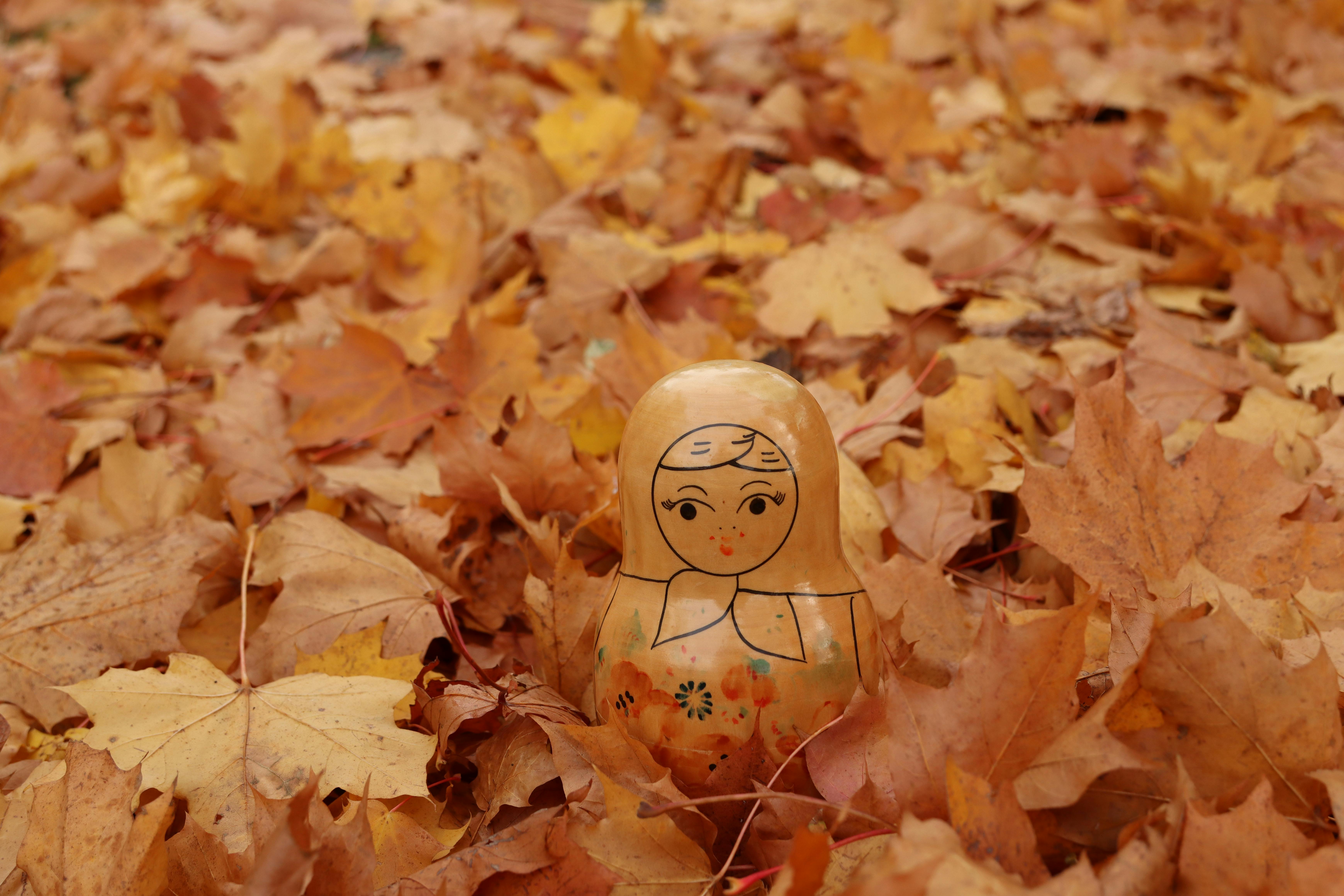 matryoshka doll among autumn leaves in sweden