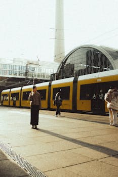 Yellow tram at Alexanderplatz with the Berlin TV Tower in view, capturing a sunny city scene.