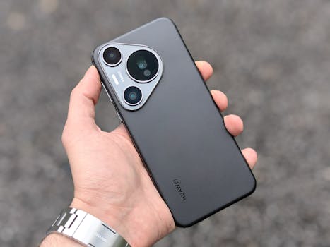 Detailed handheld shot of a modern smartphone, focusing on the camera design and features.