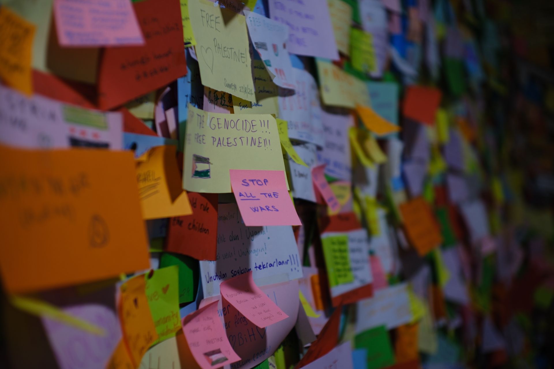 Colorful Post-it Note Wall with Messages of Protest