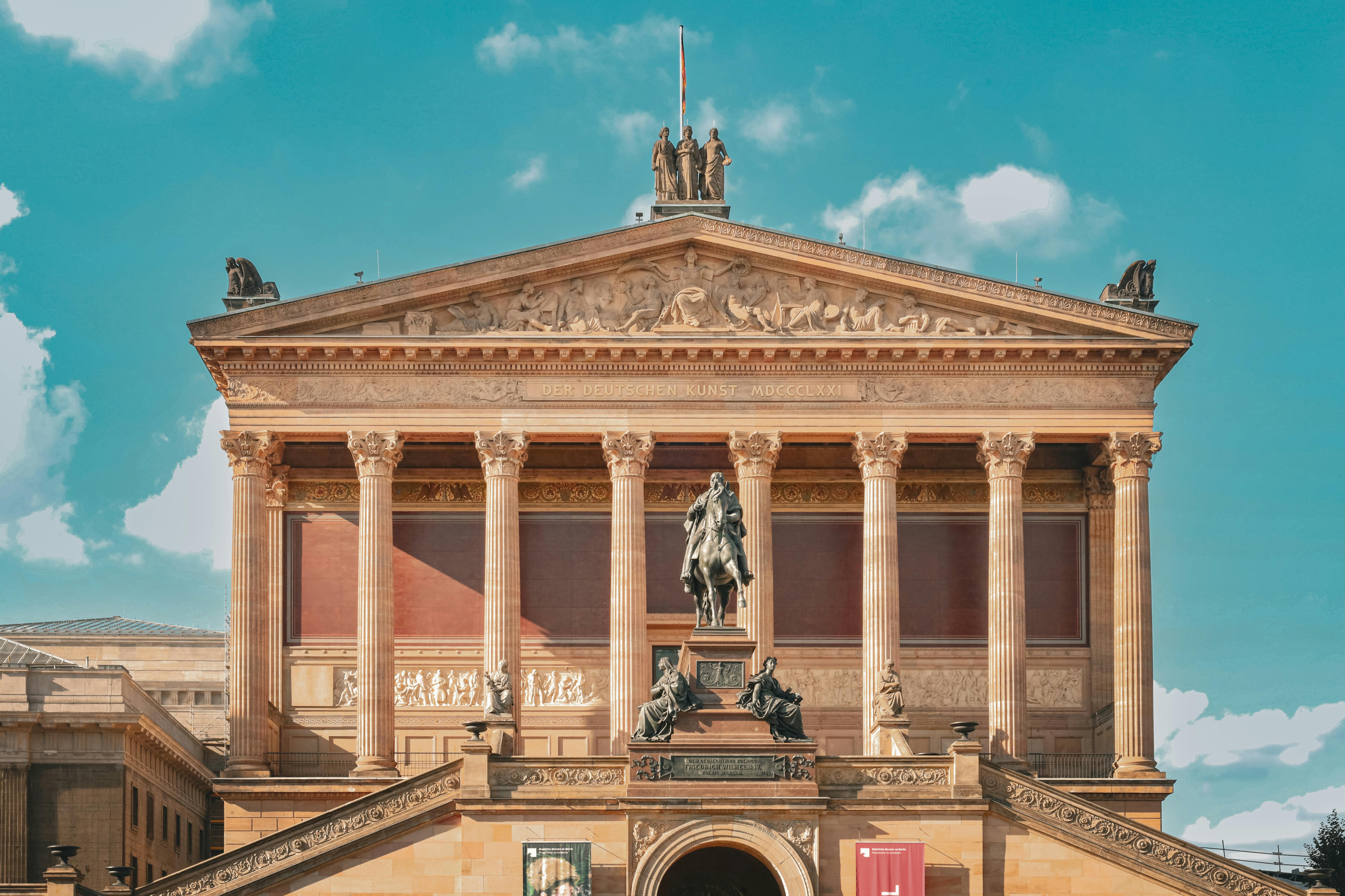 Front view of the historical Altes Museum in Berlin, showcasing its neoclassical architecture.