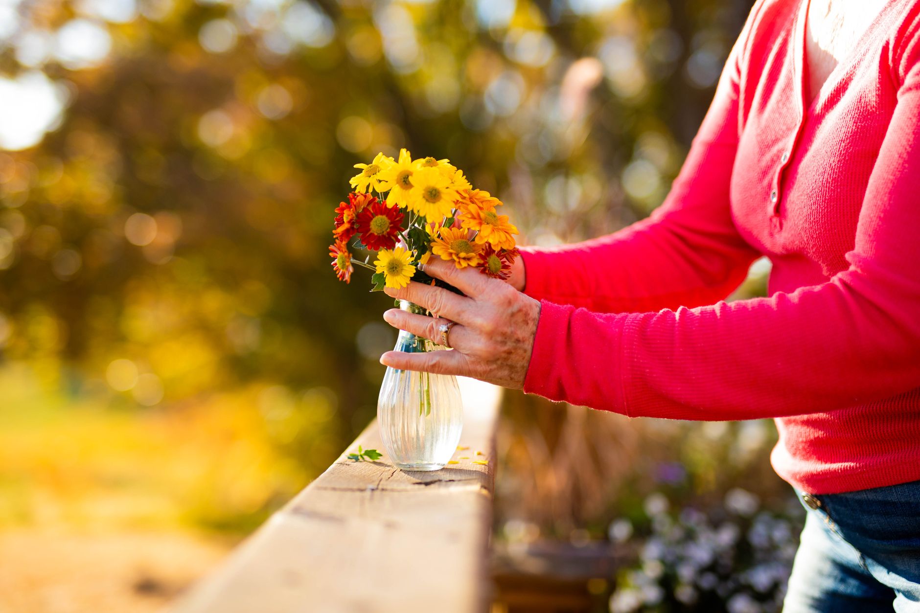 Adult arranging vibrant autumn flowers in a vase outdoors on a sunny day.