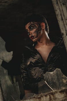 Dark and artistic portrait featuring a person with bold face paint, exuding a mysterious mood.