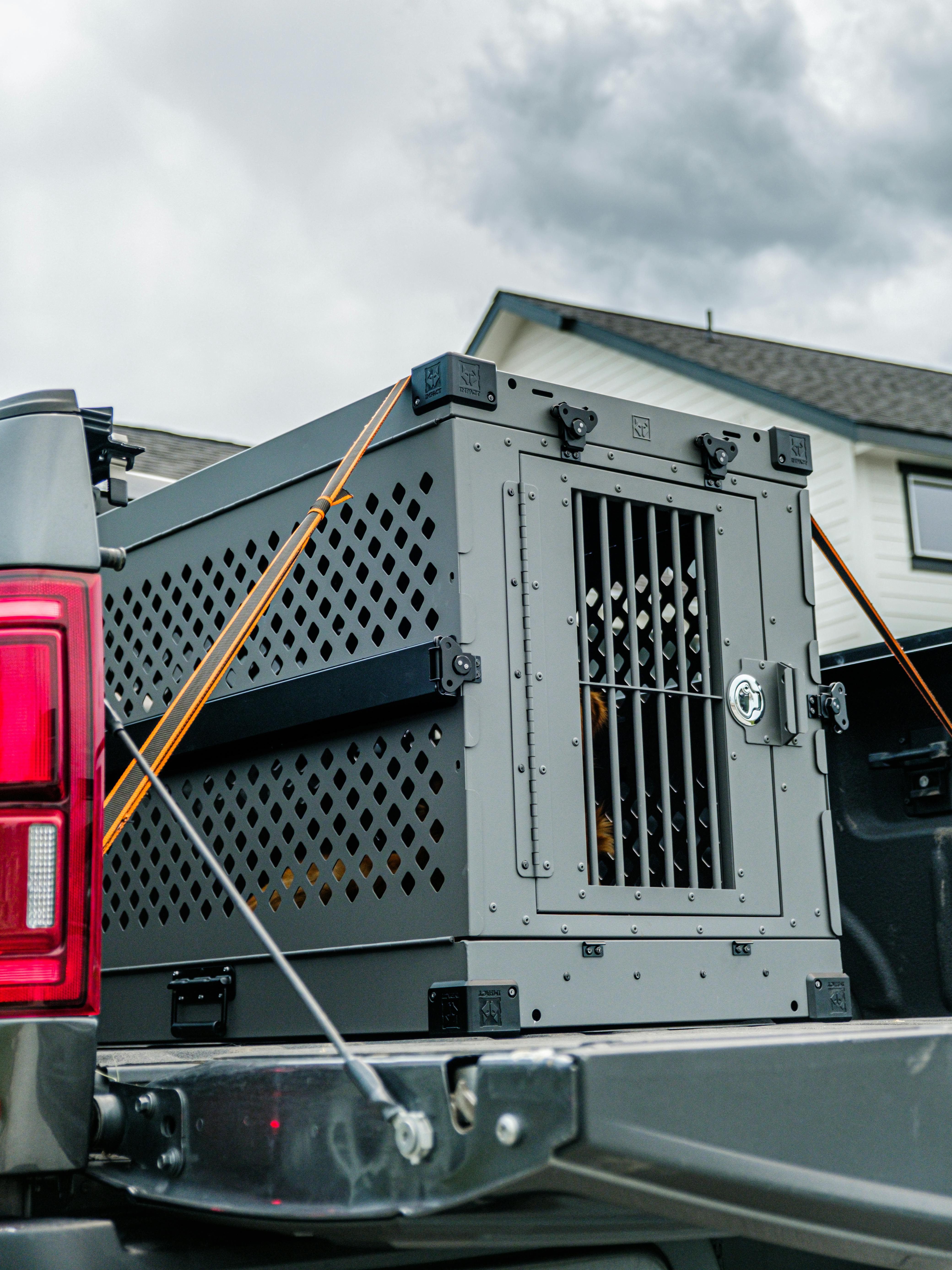 Heavy-duty dog crate secured in a truck bed, ideal for pet travel safety.