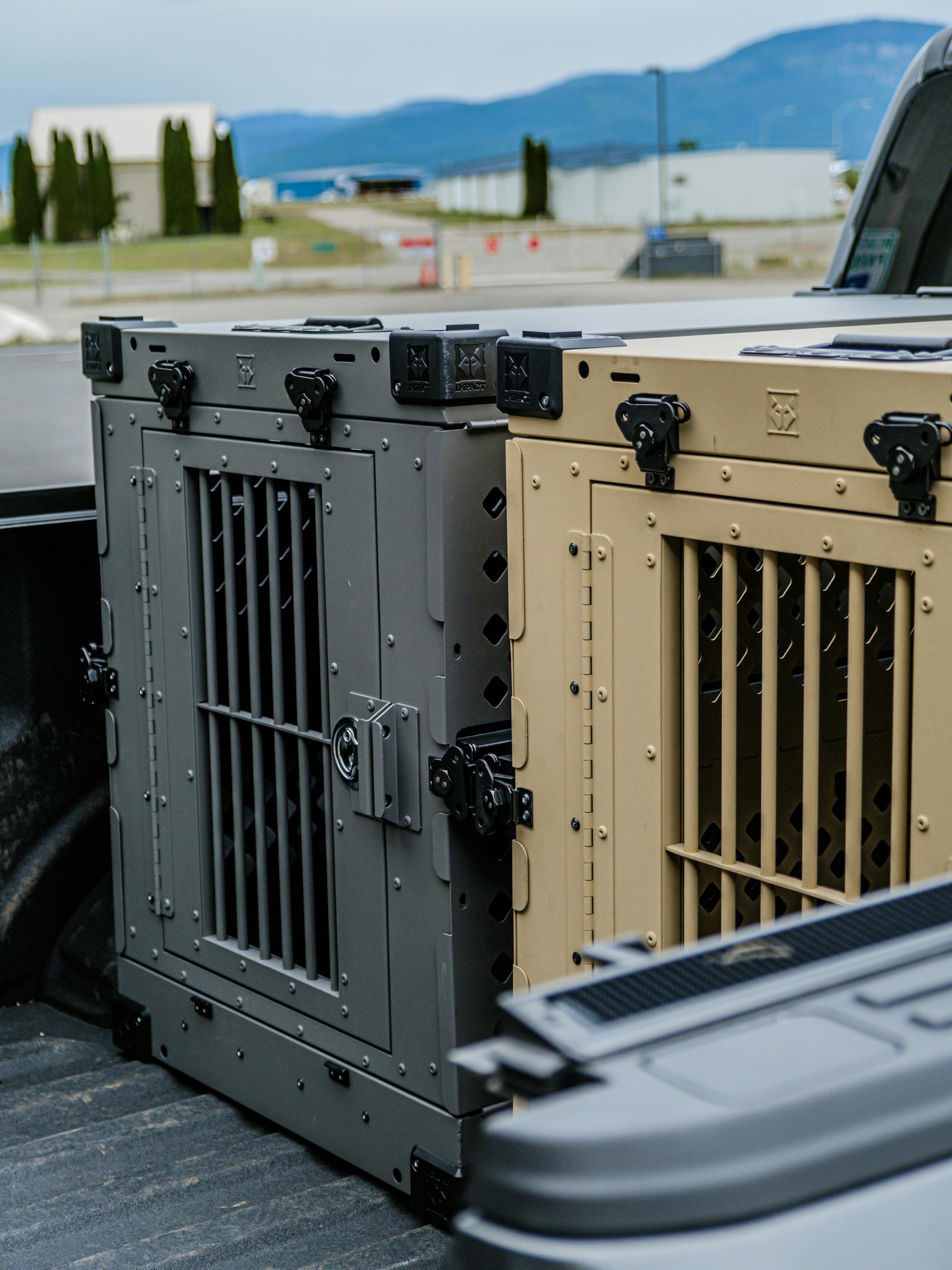 Sturdy dog crates secured in a pickup, ideal for pet safety during travel.