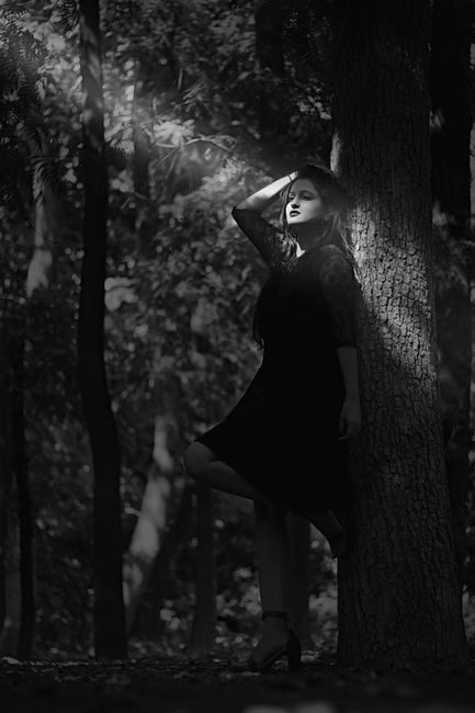 A woman poses dramatically against a tree in a sunlit forest, creating a moody, artistic vibe.