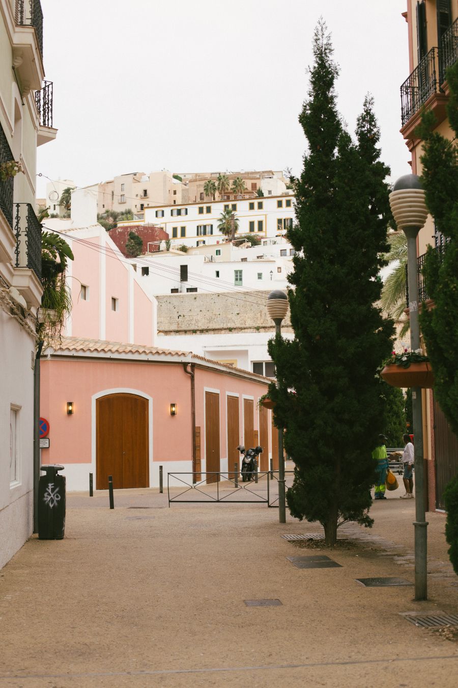 Whitewashed street in Ibiza's historic district with lush greenery — photo by Raymond Petrik on Pexels