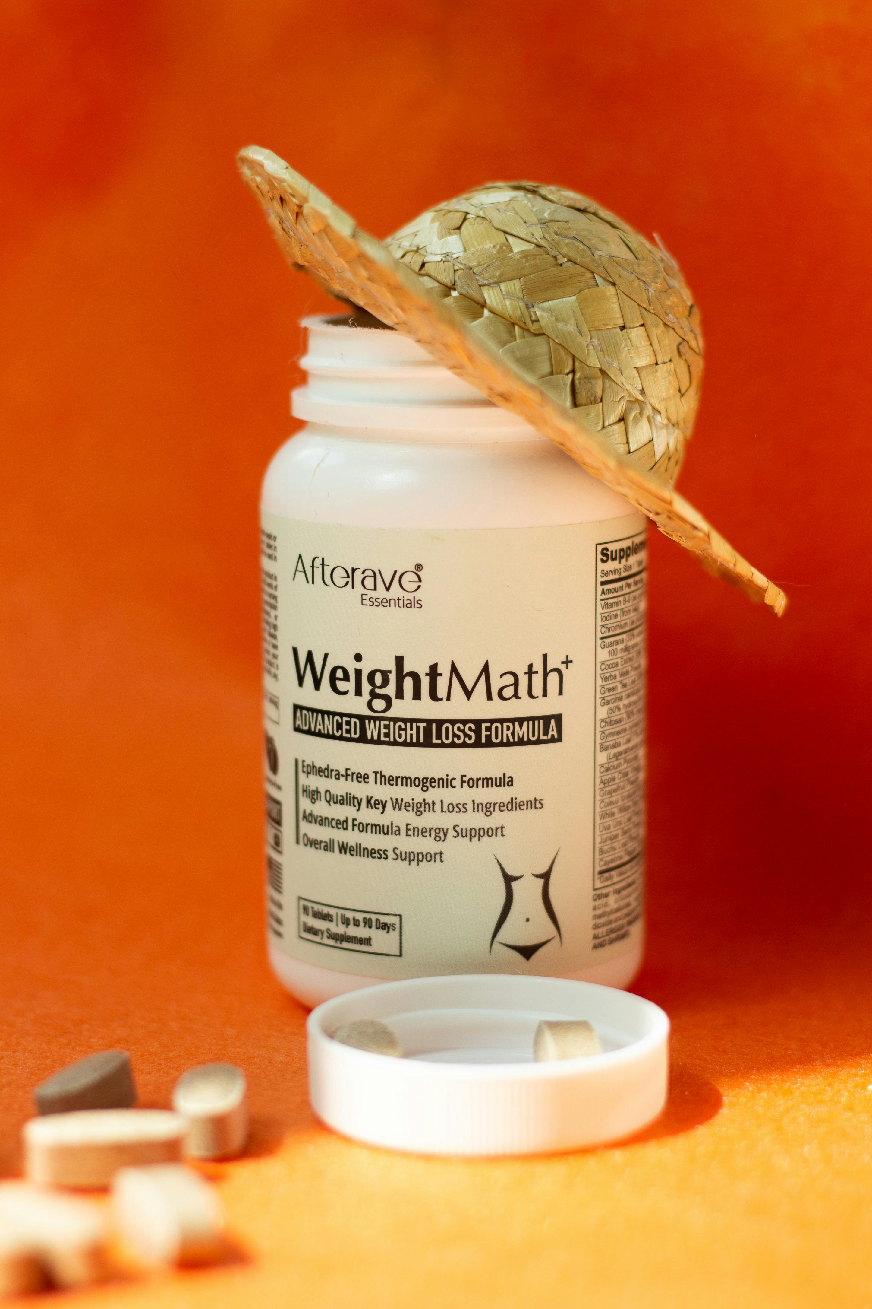 WeightMath Advanced Weight Loss Formula bottle with pills on vibrant background, offering energy support.