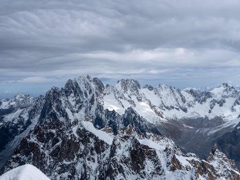 Breathtaking panorama of the snow-covered peaks in Chamonix-Mont-Blanc, France.