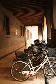 Parked bicycles line a charming alleyway in Padua, showcasing Venetian architecture.