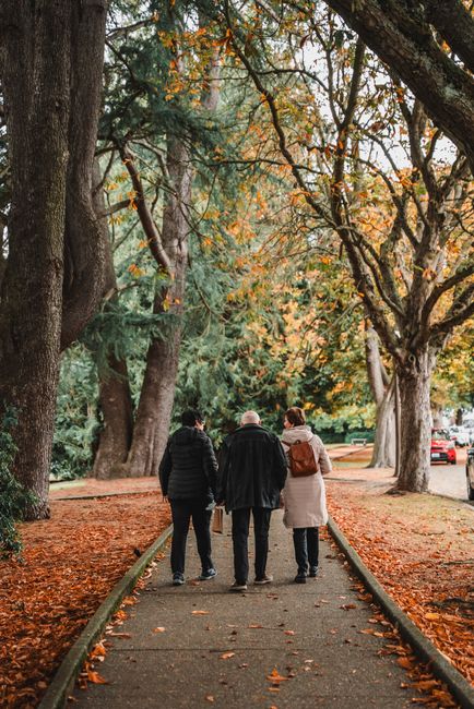 Three people walking on a tree-lined path covered in autumn leaves in Seattle.