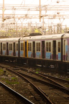 Capturing a Mumbai local train on bustling railway tracks under the city’s iconic network.