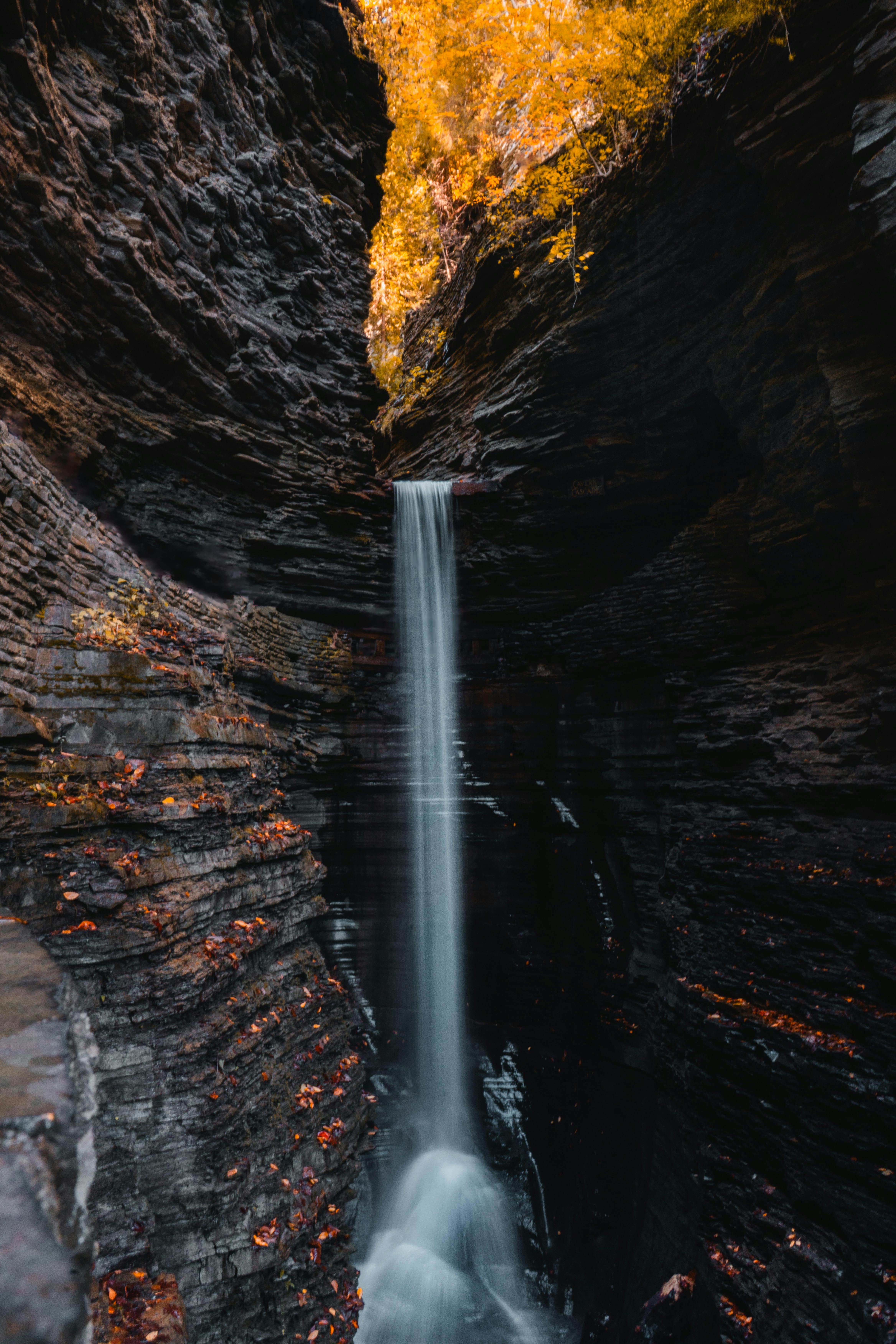 Serene waterfall cascading through Watkins Glen gorge, surrounded by autumn foliage.
