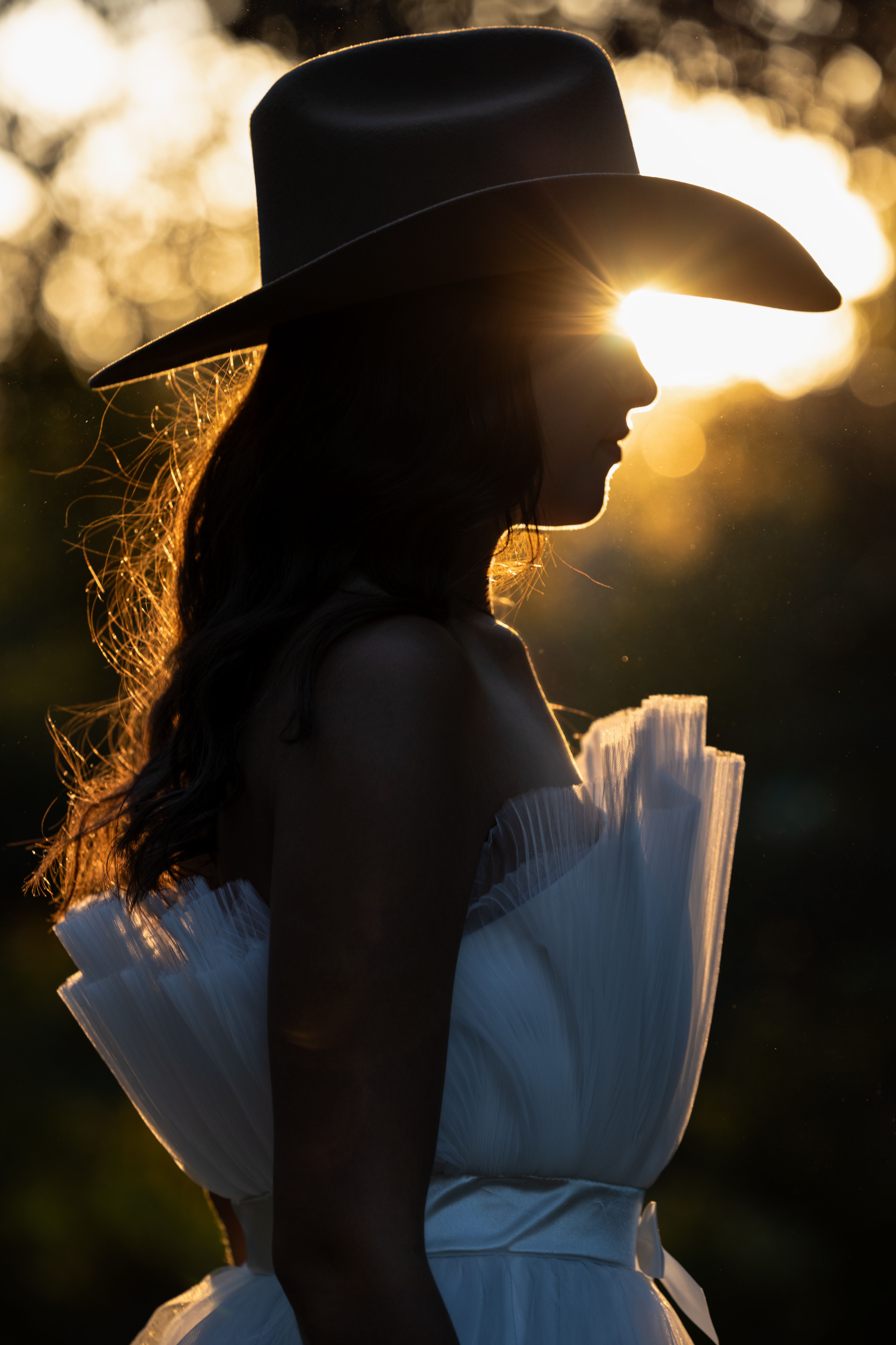 Silueta De Una Mujer Con Vestido Blanco Y Sombrero Al Atardecer · Foto ...