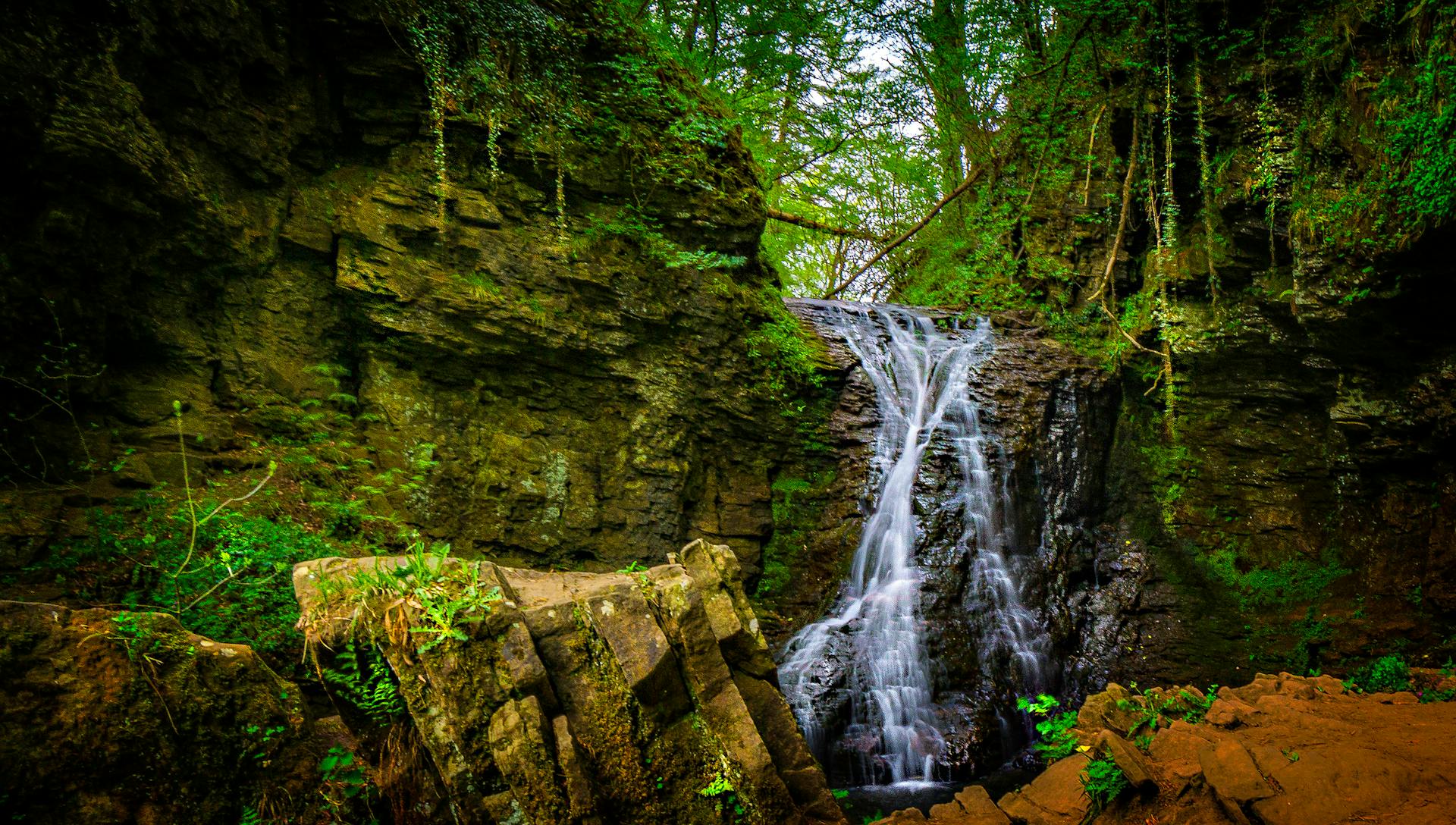 A tranquil waterfall cascading over rocks in a lush, green forest landscape.