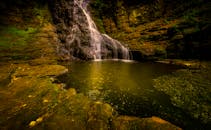 一道宁静的瀑布从苔藓覆盖的岩石上倾泻而下，汇入下方森林中一个静谧的池塘