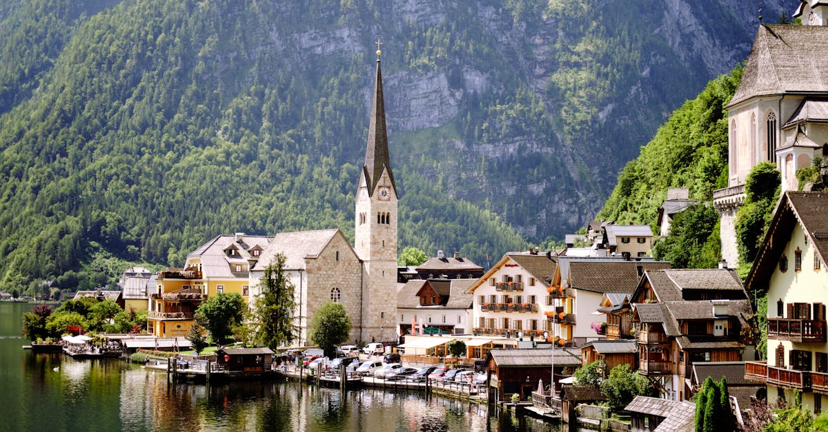 Hallstatt Austria Main Street Alpine Houses Lakeside Village Dramatic Views Alps