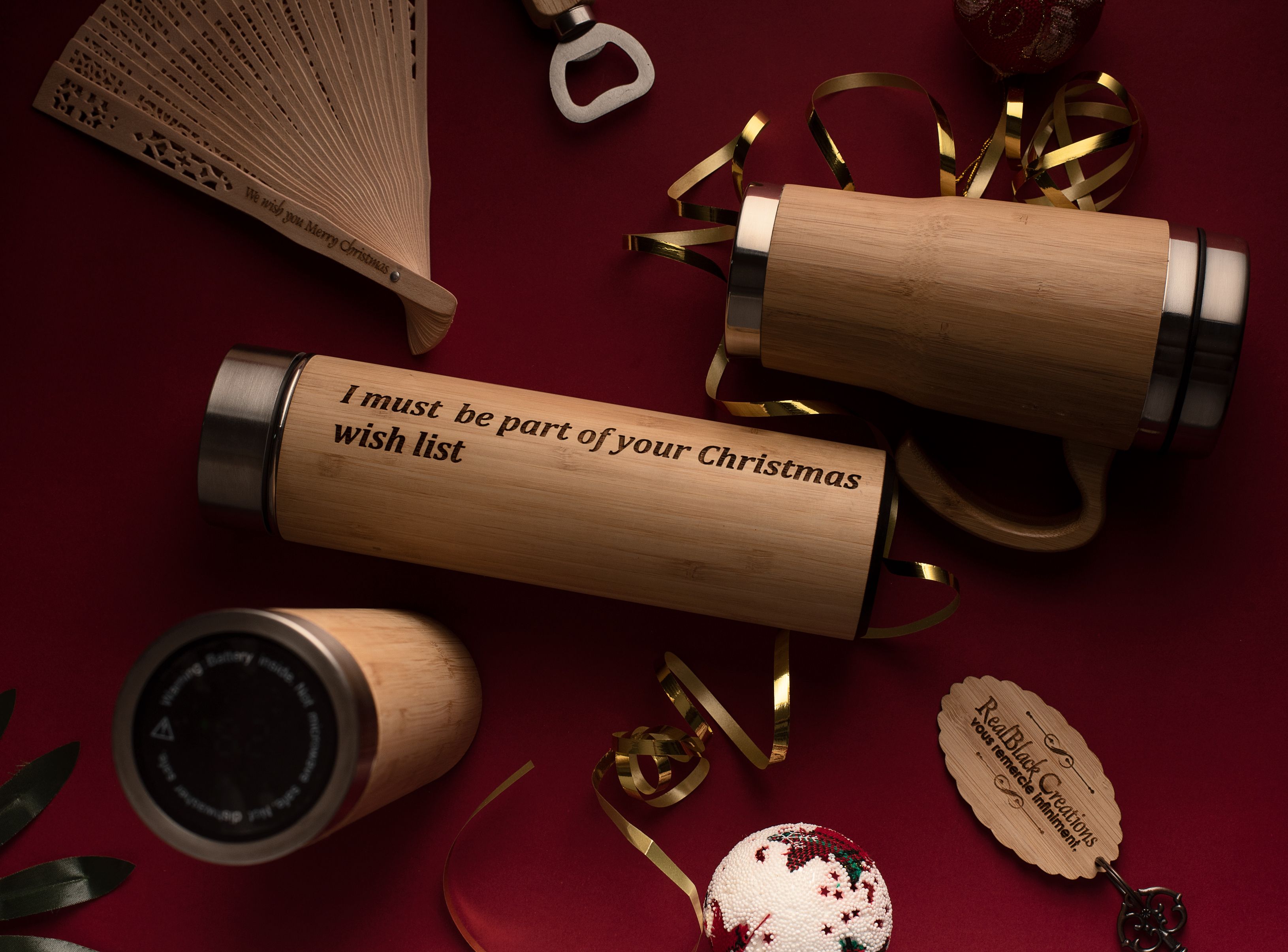 Elegant bamboo mugs and holiday decorations for a festive Christmas gift inspiration.