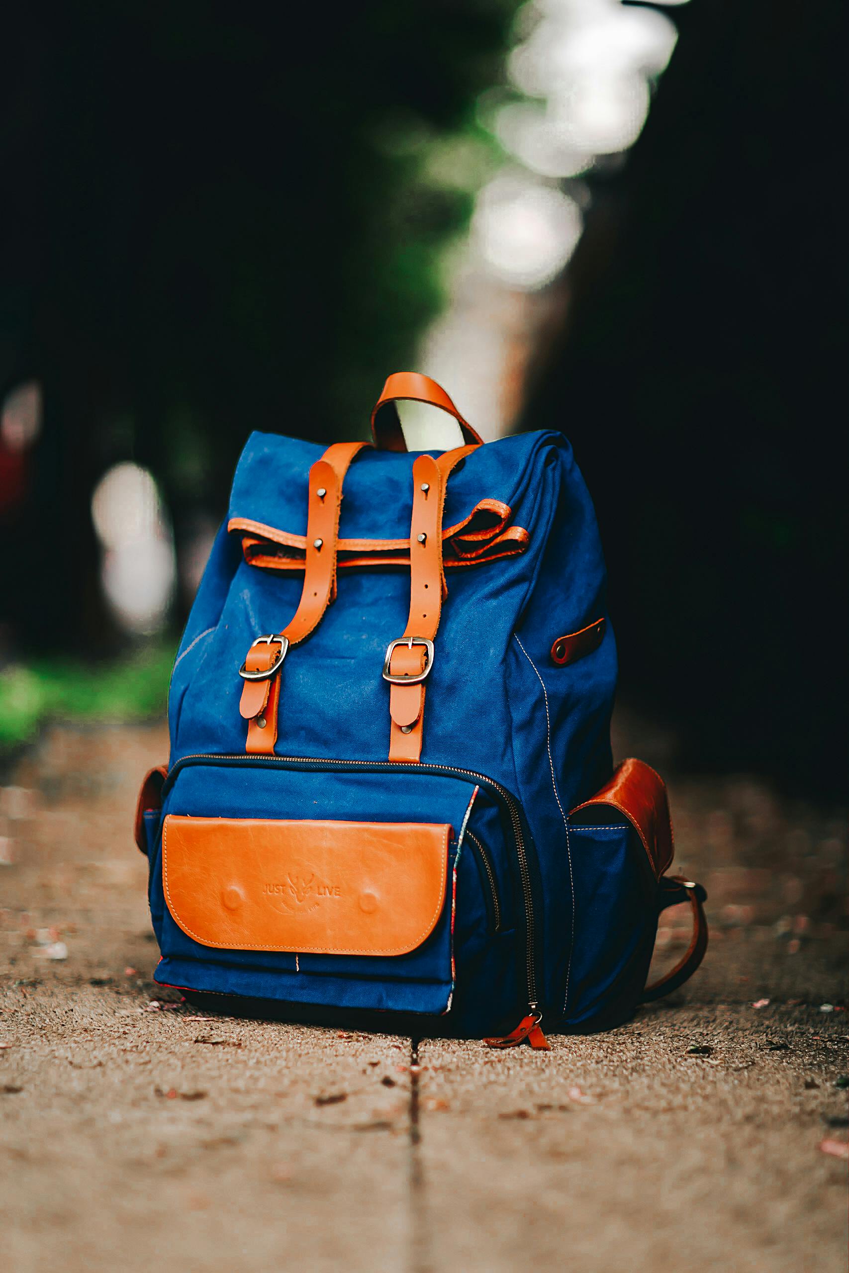 Blue and Brown Backpack on the Ground · Free Stock Photo