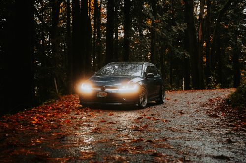 Free Car driving on a forest road with headlights illuminating the misty and leaf-strewn path, evoking a mysterious autumn vibe. Stock Photo