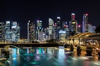 新加坡充满活力的夜色中，明亮的天际线在前景的无边泳池里倒映着城市灯光