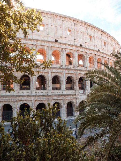 Free Beautiful daytime view of the Roman Colosseum framed by lush greenery, showcasing ancient architecture. Stock Photo