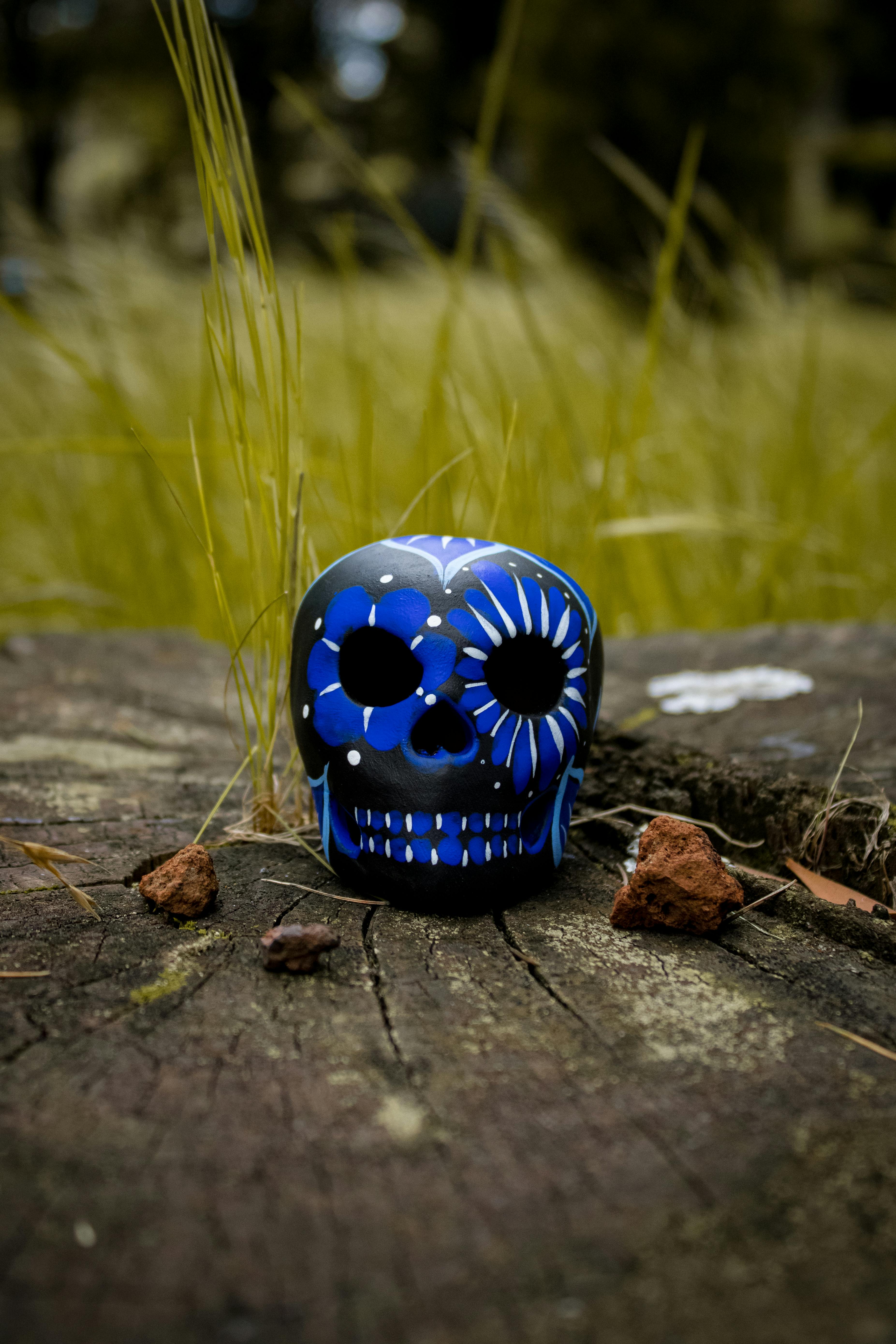 vibrant blue calavera on rustic stump
