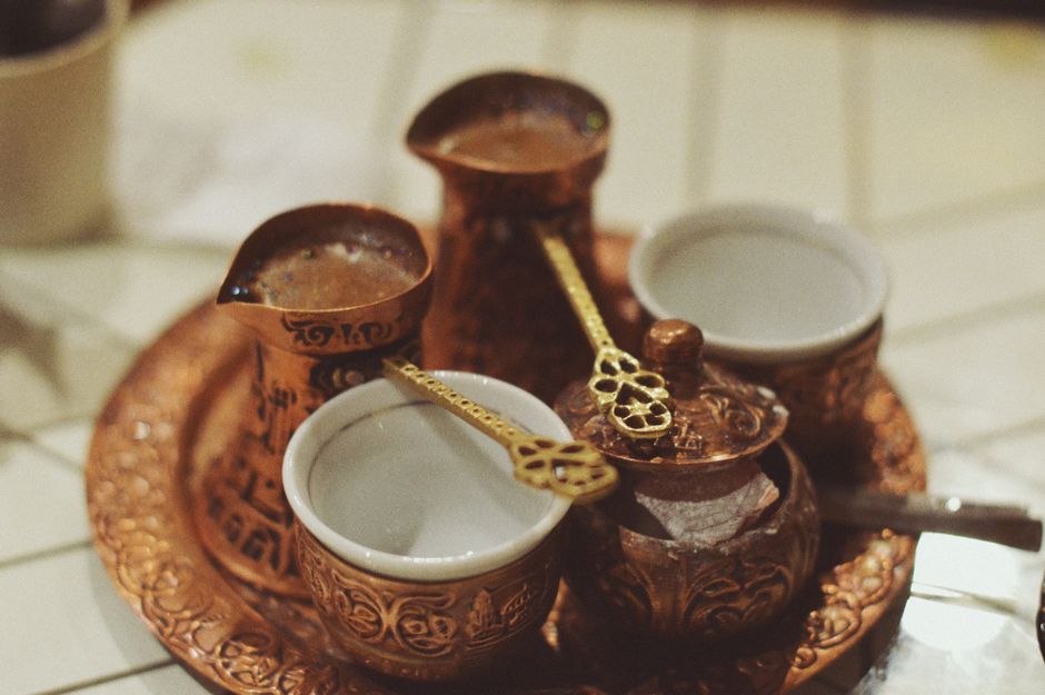 Traditional Bosanska kahva served in a džezva with fildžan and rahat lokum in Bosnia and Herzegovina