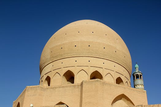 Beautiful view of the Jameh Mosque of Yazd with its distinctive dome architecture against a clear blue sky.