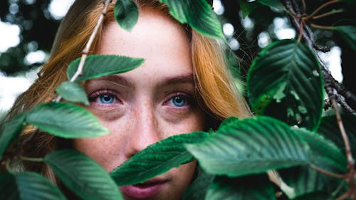 Close-Up Photo of a Woman's Face with Freckles Near Green Leaves
