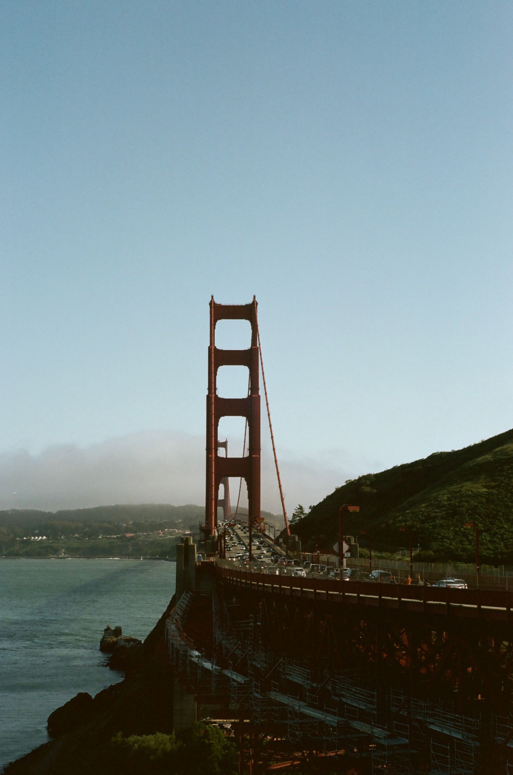 A vintage film capture of the iconic Golden Gate Bridge in San Francisco, California.
