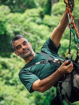 一名男子在森林中借助绳索和挽具攀爬树木，享受户外冒险