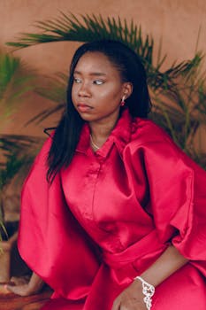 Beautiful portrait of a woman in an elegant red dress with lush foliage background.