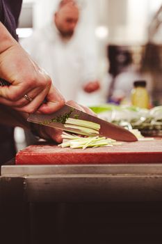 Close-up of a chef slicing vegetables in a professional kitchen setting.