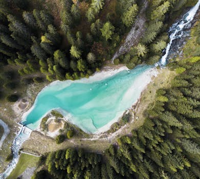Stunning aerial shot of an emerald alpine lake surrounded by dense forest in Livigno, Italy.
