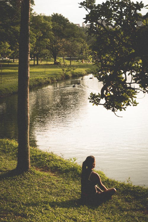 Mujer Sentada Sobre El Césped Por El Lago