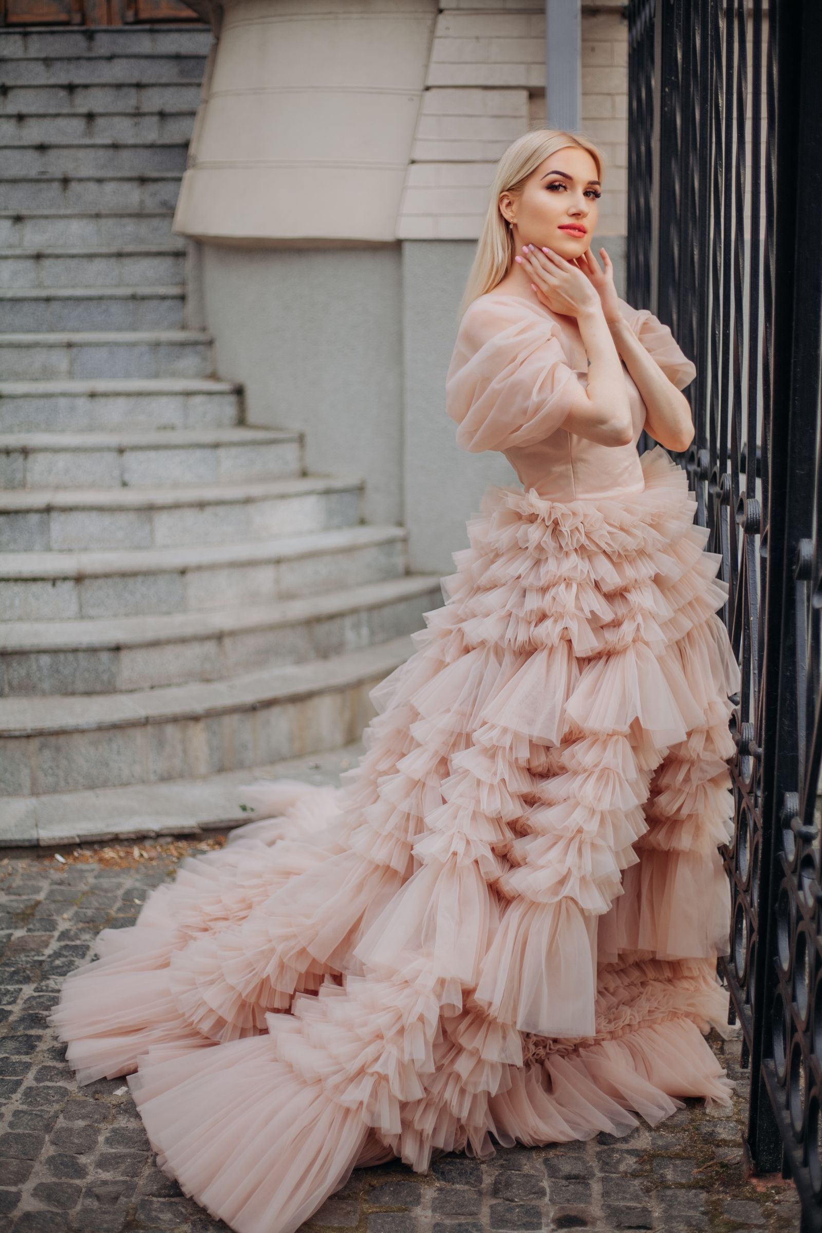Woman in ruffled party dress