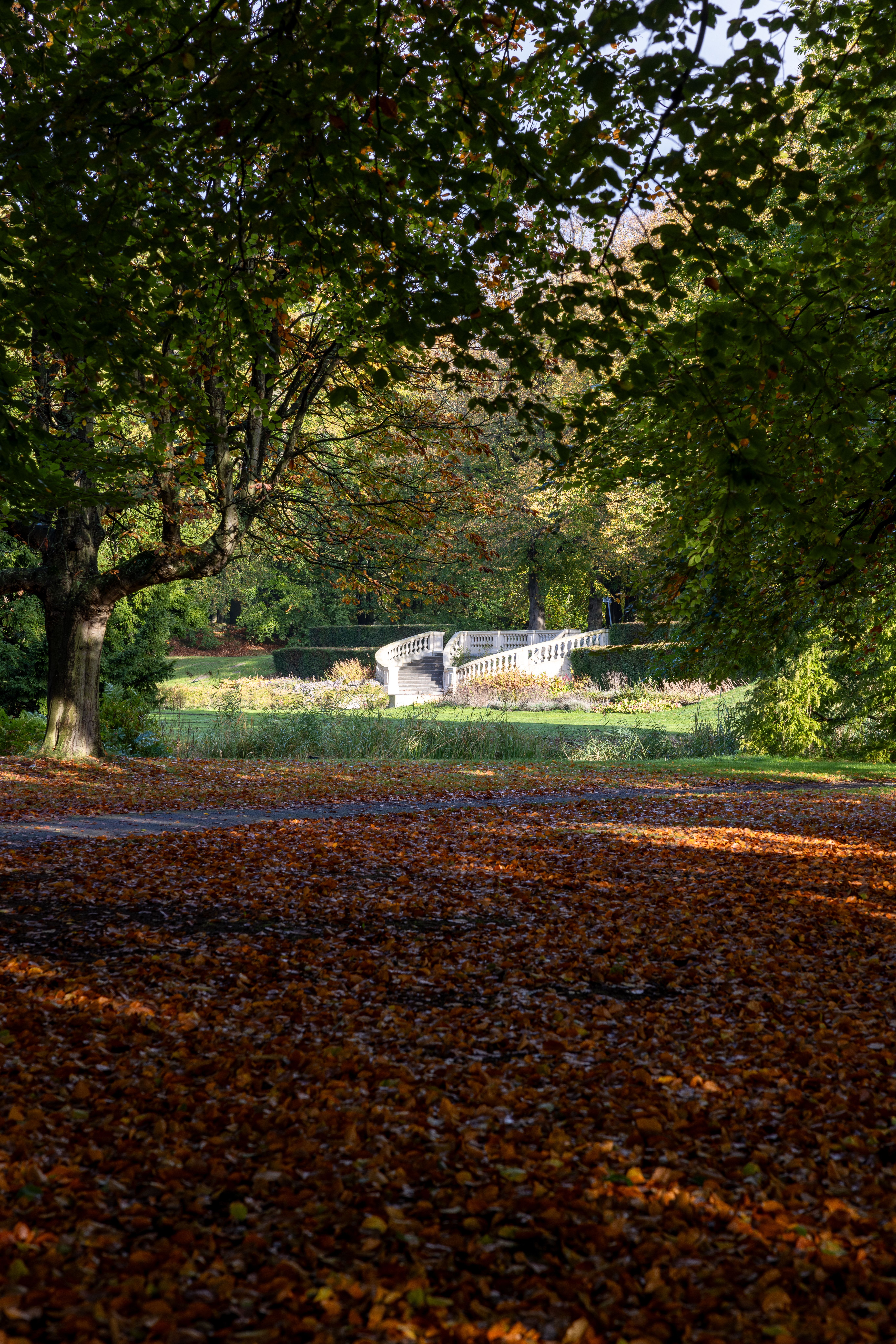A footbridge over a park stream surrounded by autumn trees