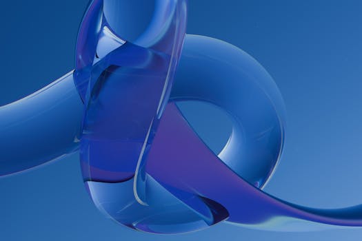 A modern abstract 3D rendering of a blue sculpture against a sky backdrop, conveying fluidity and creativity.