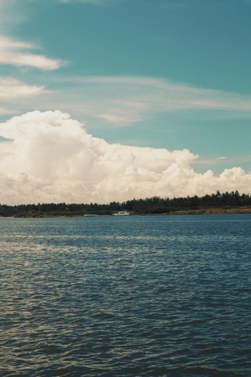Free Tranquil lake scene with a vast cloudy sky and distant shoreline of trees, perfect for relaxation themes. Stock Photo