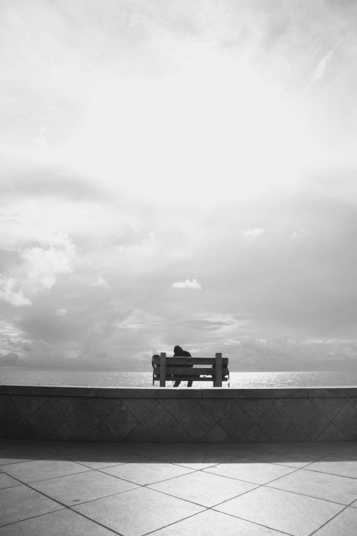 Free Lonely person sits on a bench overlooking the ocean in a serene black and white landscape. Stock Photo